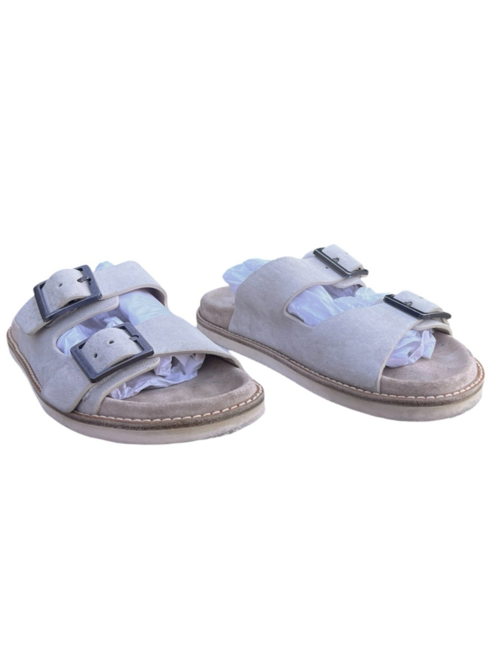 Brunello Cucinelli Buckled Calf Suede Double Strap Sandals Neutral EU 42 US 9